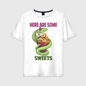 Женская футболка хлопок Oversize с принтом Змеиные ссссладости в Белгороде, 100% хлопок | свободный крой, круглый ворот, спущенный рукав, длина до линии бедер
 | Тематика изображения на принте: snake | sweet | sweets | десерты | змея | сладкое