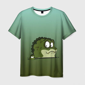 Мужская футболка 3D с принтом Неожиданный сосед в Белгороде, 100% полиэфир | прямой крой, круглый вырез горловины, длина до линии бедер | Тематика изображения на принте: графика | дикий мир | животное | крокодил | лягушка | персонаж | природа | рисунок