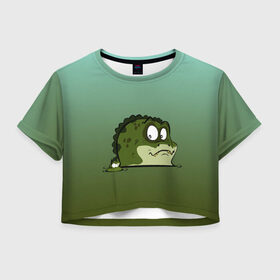 Женская футболка Crop-top 3D с принтом Неожиданный сосед в Белгороде, 100% полиэстер | круглая горловина, длина футболки до линии талии, рукава с отворотами | графика | дикий мир | животное | крокодил | лягушка | персонаж | природа | рисунок