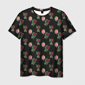 Мужская футболка 3D с принтом принт розы черный фон в Белгороде, 100% полиэфир | прямой крой, круглый вырез горловины, длина до линии бедер | букет | пионы | розы | фон | цветочки | цветочный принт | цветы | черный