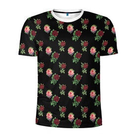 Мужская футболка 3D спортивная с принтом принт розы черный фон в Белгороде, 100% полиэстер с улучшенными характеристиками | приталенный силуэт, круглая горловина, широкие плечи, сужается к линии бедра | букет | пионы | розы | фон | цветочки | цветочный принт | цветы | черный
