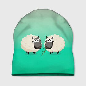 Шапка 3D с принтом две овечки пасутся на лугу в Белгороде, 100% полиэстер | универсальный размер, печать по всей поверхности изделия | барашек | вектор | градиент | две | детский | друзья | коза | кудри | луг | милый | минимализм | нарисованный | овечка | овца | пара | пасутся | рисунок | ферма | шерсть