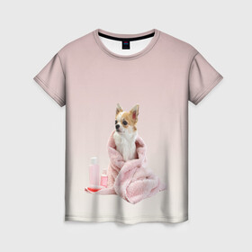 Женская футболка 3D с принтом собачка полотенце процедуры  в Белгороде, 100% полиэфир ( синтетическое хлопкоподобное полотно) | прямой крой, круглый вырез горловины, длина до линии бедер | ванна | выходной | градиент | душ | забота и теле | любовь к себе | мини собака | полотенце | процедуры | розовый | собака | собачка | спа | уход | чихуахуа | чихуашка | щенок