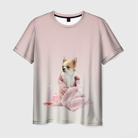 Мужская футболка 3D с принтом собачка полотенце процедуры  в Белгороде, 100% полиэфир | прямой крой, круглый вырез горловины, длина до линии бедер | ванна | выходной | градиент | душ | забота и теле | любовь к себе | мини собака | полотенце | процедуры | розовый | собака | собачка | спа | уход | чихуахуа | чихуашка | щенок