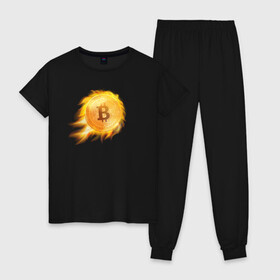 Женская пижама хлопок с принтом БИТКОИН ОГОНЬ (ВВЕРХ)  в Белгороде, 100% хлопок | брюки и футболка прямого кроя, без карманов, на брюках мягкая резинка на поясе и по низу штанин | bitcoin | blockchain | btc | cardano | crypto | ethereum | polkadot | tether | xrp | бинанс | биткоин | блокчейн | валюта | деньги | криптовалюта | майнер | майнинг | цифровая валюта | цифровое золото | эфир
