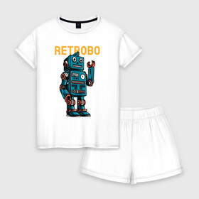 Женская пижама с шортиками хлопок с принтом Retrobo в Белгороде, 100% хлопок | футболка прямого кроя, шорты свободные с широкой мягкой резинкой | инопланетяне | космос | нло | прикольная надпись | пришельцы | робот