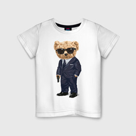 Детская футболка хлопок с принтом Мишка шпион в Белгороде, 100% хлопок | круглый вырез горловины, полуприлегающий силуэт, длина до линии бедер | агент | костюм | крутой | мишка | очки | пистолет | плюшевый | смокинг | шпион