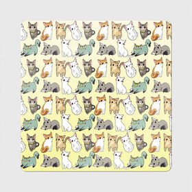 Магнит виниловый Квадрат с принтом мультяшные котики на желтом мя в Белгороде, полимерный материал с магнитным слоем | размер 9*9 см, закругленные углы | Тематика изображения на принте: ветеринар | градиент | домашний питомец | котейки | котики | коты | котэ | котята | кошатник | кошатница | кошачьи | кошки | любитель животных | много | мультяшные | мяу | нэко | рисованный | узор