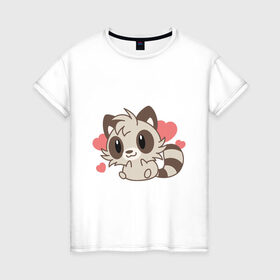 Женская футболка хлопок с принтом влюбленный енотик в Белгороде, 100% хлопок | прямой крой, круглый вырез горловины, длина до линии бедер, слегка спущенное плечо | влюбленный | енот | енотик | животные | зверушка | картинка | любовь | мило | рисунок | сердечки
