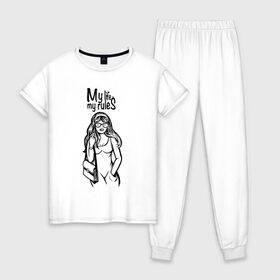 Женская пижама хлопок с принтом My life - my rules в Белгороде, 100% хлопок | брюки и футболка прямого кроя, без карманов, на брюках мягкая резинка на поясе и по низу штанин | бич герлс | дерзкая | стерва