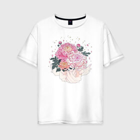 Женская футболка хлопок Oversize с принтом Пионы в Белгороде, 100% хлопок | свободный крой, круглый ворот, спущенный рукав, длина до линии бедер
 | flo | flowers | растения | флористика | цветение | цветы