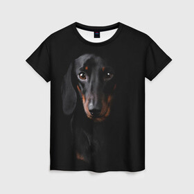 Женская футболка 3D с принтом ТАКСА в Белгороде, 100% полиэфир ( синтетическое хлопкоподобное полотно) | прямой крой, круглый вырез горловины, длина до линии бедер | animal | black | dog | photo | глаза | домашние | животные | звери | пес | собакен | собаки | такса | черный