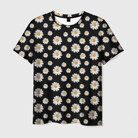 Мужская футболка 3D с принтом Ромашки на чёрном в Белгороде, 100% полиэфир | прямой крой, круглый вырез горловины, длина до линии бедер | Тематика изображения на принте: бабочки | лето | природа | рома | ромашка | ромашки | цветочки | цветы