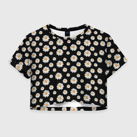Женская футболка Crop-top 3D с принтом Ромашки на чёрном в Белгороде, 100% полиэстер | круглая горловина, длина футболки до линии талии, рукава с отворотами | бабочки | лето | природа | рома | ромашка | ромашки | цветочки | цветы