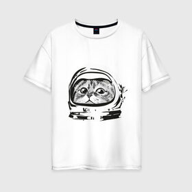 Женская футболка хлопок Oversize с принтом Кот космонавт в Белгороде, 100% хлопок | свободный крой, круглый ворот, спущенный рукав, длина до линии бедер
 | астронавт | космонавт | космос | костюм | кот | кошка | скафандр | хипстер | шлем