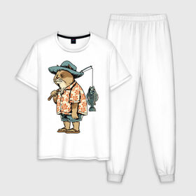 Мужская пижама хлопок с принтом Котан рыбак в Белгороде, 100% хлопок | брюки и футболка прямого кроя, без карманов, на брюках мягкая резинка на поясе и по низу штанин
 | кот | лето | рубашка | рыба | удочка | хипстер | шлепанцы | шорты