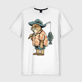 Мужская футболка хлопок Slim с принтом Котан рыбак в Белгороде, 92% хлопок, 8% лайкра | приталенный силуэт, круглый вырез ворота, длина до линии бедра, короткий рукав | Тематика изображения на принте: кот | лето | рубашка | рыба | удочка | хипстер | шлепанцы | шорты