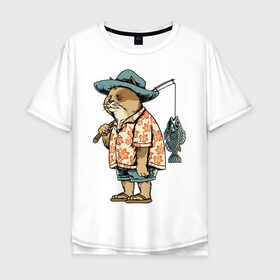 Мужская футболка хлопок Oversize с принтом Котан рыбак в Белгороде, 100% хлопок | свободный крой, круглый ворот, “спинка” длиннее передней части | Тематика изображения на принте: кот | лето | рубашка | рыба | удочка | хипстер | шлепанцы | шорты