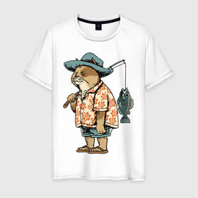 Мужская футболка хлопок с принтом Котан рыбак в Белгороде, 100% хлопок | прямой крой, круглый вырез горловины, длина до линии бедер, слегка спущенное плечо. | кот | лето | рубашка | рыба | удочка | хипстер | шлепанцы | шорты