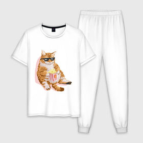 Мужская пижама хлопок с принтом Ленивый кот в Белгороде, 100% хлопок | брюки и футболка прямого кроя, без карманов, на брюках мягкая резинка на поясе и по низу штанин
 | корн | кот | ленивый | очки | поп | попкорн | хипстер