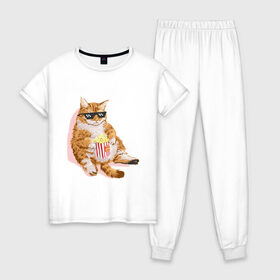 Женская пижама хлопок с принтом Ленивый кот в Белгороде, 100% хлопок | брюки и футболка прямого кроя, без карманов, на брюках мягкая резинка на поясе и по низу штанин | корн | кот | ленивый | очки | поп | попкорн | хипстер