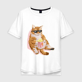 Мужская футболка хлопок Oversize с принтом Ленивый кот в Белгороде, 100% хлопок | свободный крой, круглый ворот, “спинка” длиннее передней части | корн | кот | ленивый | очки | поп | попкорн | хипстер