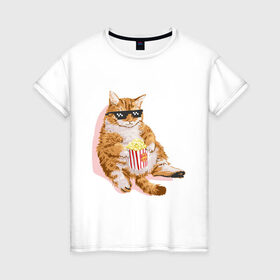 Женская футболка хлопок с принтом Ленивый кот в Белгороде, 100% хлопок | прямой крой, круглый вырез горловины, длина до линии бедер, слегка спущенное плечо | корн | кот | ленивый | очки | поп | попкорн | хипстер