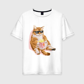 Женская футболка хлопок Oversize с принтом Ленивый кот в Белгороде, 100% хлопок | свободный крой, круглый ворот, спущенный рукав, длина до линии бедер
 | корн | кот | ленивый | очки | поп | попкорн | хипстер