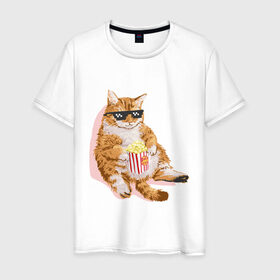 Мужская футболка хлопок с принтом Ленивый кот в Белгороде, 100% хлопок | прямой крой, круглый вырез горловины, длина до линии бедер, слегка спущенное плечо. | корн | кот | ленивый | очки | поп | попкорн | хипстер