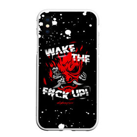 Чехол для iPhone XS Max матовый с принтом WAKE THE F#CK UP! в Белгороде, Силикон | Область печати: задняя сторона чехла, без боковых панелей | Тематика изображения на принте: cyberpunk 2077 | hacker | maelstrom | militech | quadra | samurai | technology | trauma team | v | будущее | игра | иероглифы | киану ривз | кибер | киберпанк | киборг | киборги | корпорация | лого | милитек | панк | роботы | самурай | техн