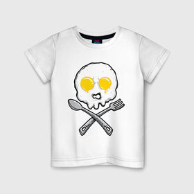 Детская футболка хлопок с принтом Череп яичница в Белгороде, 100% хлопок | круглый вырез горловины, полуприлегающий силуэт, длина до линии бедер | вилка | еда | завтрак | ложка | пиратский | флаг | череп | яичница | яйца