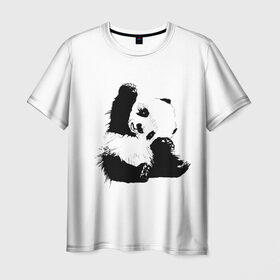 Мужская футболка 3D с принтом Панда минимализм в Белгороде, 100% полиэфир | прямой крой, круглый вырез горловины, длина до линии бедер | animal | bear | beast | black | minimalism | panda | white | белое | животное | зверь | краски | медведь | минимализм | панда | чернила | черно белое | черное