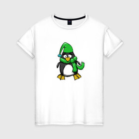Женская футболка хлопок с принтом Пингвин в Белгороде, 100% хлопок | прямой крой, круглый вырез горловины, длина до линии бедер, слегка спущенное плечо | пингвин | пингвин в шапке | пингвин в шарфе | рисунок | шарф