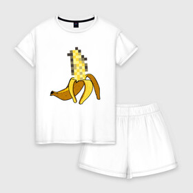 Женская пижама с шортиками хлопок с принтом Банан Цензура в Белгороде, 100% хлопок | футболка прямого кроя, шорты свободные с широкой мягкой резинкой | banana | brazzers | censored | банан | без | пиксели | пиксель | фрукт