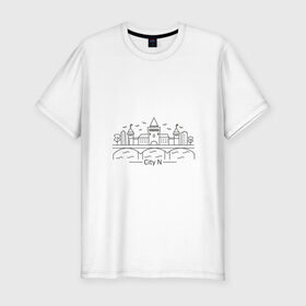 Мужская футболка хлопок Slim с принтом город N в стиле лайн арт в Белгороде, 92% хлопок, 8% лайкра | приталенный силуэт, круглый вырез ворота, длина до линии бедра, короткий рукав | город | дома | замок | кремль | лайн арт | линия | мост | река | стиль