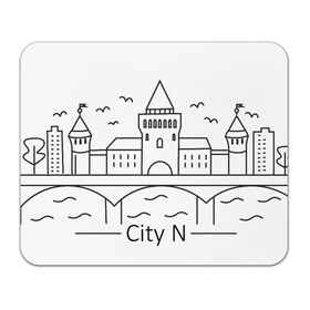 Коврик для мышки прямоугольный с принтом город N в стиле лайн арт в Белгороде, натуральный каучук | размер 230 х 185 мм; запечатка лицевой стороны | город | дома | замок | кремль | лайн арт | линия | мост | река | стиль