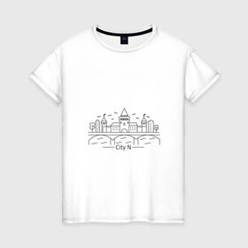 Женская футболка хлопок с принтом город N в стиле лайн арт в Белгороде, 100% хлопок | прямой крой, круглый вырез горловины, длина до линии бедер, слегка спущенное плечо | город | дома | замок | кремль | лайн арт | линия | мост | река | стиль