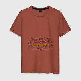 Мужская футболка хлопок с принтом город N в стиле лайн арт в Белгороде, 100% хлопок | прямой крой, круглый вырез горловины, длина до линии бедер, слегка спущенное плечо. | город | дома | замок | кремль | лайн арт | линия | мост | река | стиль