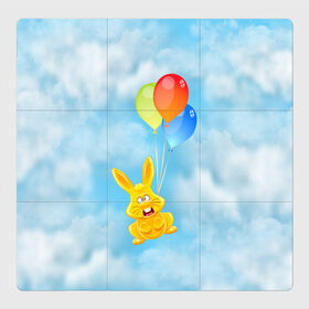 Магнитный плакат 3Х3 с принтом Харитон на воздушных шариках в Белгороде, Полимерный материал с магнитным слоем | 9 деталей размером 9*9 см | воздушные шары | детям | желейный заяц | зайчики | заяц | заяц харитон | звери | кролик | небо | харитошка