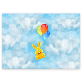 Поздравительная открытка с принтом Харитон на воздушных шариках в Белгороде, 100% бумага | плотность бумаги 280 г/м2, матовая, на обратной стороне линовка и место для марки
 | воздушные шары | детям | желейный заяц | зайчики | заяц | заяц харитон | звери | кролик | небо | харитошка