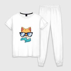 Женская пижама хлопок с принтом Очковая кошка в Белгороде, 100% хлопок | брюки и футболка прямого кроя, без карманов, на брюках мягкая резинка на поясе и по низу штанин | домашняя кошка | кошка | мелус кот | милый кот | мышка | очки | очковая кошка | французская кошка