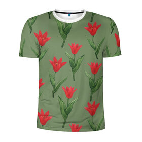 Мужская футболка 3D спортивная с принтом Красные тюльпаны на зеленом в Белгороде, 100% полиэстер с улучшенными характеристиками | приталенный силуэт, круглая горловина, широкие плечи, сужается к линии бедра | 8 марта | flowers | march 8 | spring | ботаническая иллюстрация | весна | день рождения | зеленый | красный | лето | любовь | праздник | принт | природа | растения | тюльпаны | цветы