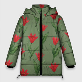 Женская зимняя куртка Oversize с принтом Красные тюльпаны на зеленом в Белгороде, верх — 100% полиэстер; подкладка — 100% полиэстер; утеплитель — 100% полиэстер | длина ниже бедра, силуэт Оверсайз. Есть воротник-стойка, отстегивающийся капюшон и ветрозащитная планка. 

Боковые карманы с листочкой на кнопках и внутренний карман на молнии | 8 марта | flowers | march 8 | spring | ботаническая иллюстрация | весна | день рождения | зеленый | красный | лето | любовь | праздник | принт | природа | растения | тюльпаны | цветы
