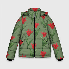 Зимняя куртка для мальчиков 3D с принтом Красные тюльпаны на зеленом в Белгороде, ткань верха — 100% полиэстер; подклад — 100% полиэстер, утеплитель — 100% полиэстер | длина ниже бедра, удлиненная спинка, воротник стойка и отстегивающийся капюшон. Есть боковые карманы с листочкой на кнопках, утяжки по низу изделия и внутренний карман на молнии. 

Предусмотрены светоотражающий принт на спинке, радужный светоотражающий элемент на пуллере молнии и на резинке для утяжки | 8 марта | flowers | march 8 | spring | ботаническая иллюстрация | весна | день рождения | зеленый | красный | лето | любовь | праздник | принт | природа | растения | тюльпаны | цветы