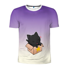 Мужская футболка 3D спортивная с принтом черный котенок в коробке в Белгороде, 100% полиэстер с улучшенными характеристиками | приталенный силуэт, круглая горловина, широкие плечи, сужается к линии бедра | арт | бокс | градиент | кавай | коробка | кот | котенок | котик | миленько | милота | рисунок