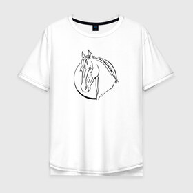 Мужская футболка хлопок Oversize с принтом Лошадь - линейный рисунок в Белгороде, 100% хлопок | свободный крой, круглый ворот, “спинка” длиннее передней части | Тематика изображения на принте: голова | животное | линейный | лошадь | рисунок