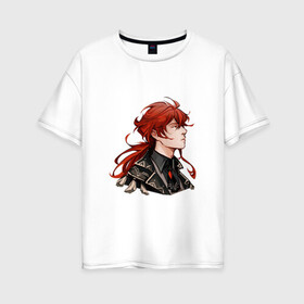 Женская футболка хлопок Oversize с принтом Дилюк в Белгороде, 100% хлопок | свободный крой, круглый ворот, спущенный рукав, длина до линии бедер
 | алые волосы | алый | арт | дилюк | красные волосы | огонь | рисунок | чёрный костюм