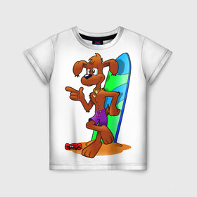 Детская футболка 3D с принтом Лыжная собака в Белгороде, 100% гипоаллергенный полиэфир | прямой крой, круглый вырез горловины, длина до линии бедер, чуть спущенное плечо, ткань немного тянется | Тематика изображения на принте: вода | животное | краб | лыжи | лыжная собака | море | пляж | собака