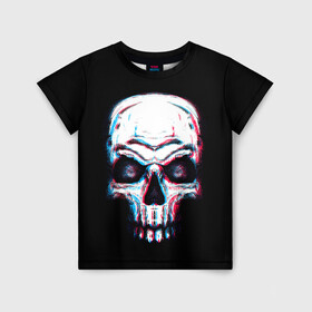Детская футболка 3D с принтом Glitch Skull в Белгороде, 100% гипоаллергенный полиэфир | прямой крой, круглый вырез горловины, длина до линии бедер, чуть спущенное плечо, ткань немного тянется | Тематика изображения на принте: art | dead | death | ghost | glitch | neon | skeleton | skull | skulls | арт | глитч | глич | неон | призрак | скелет | череп | черепа