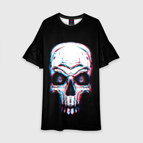 Детское платье 3D с принтом Glitch Skull в Белгороде, 100% полиэстер | прямой силуэт, чуть расширенный к низу. Круглая горловина, на рукавах — воланы | art | dead | death | ghost | glitch | neon | skeleton | skull | skulls | арт | глитч | глич | неон | призрак | скелет | череп | черепа